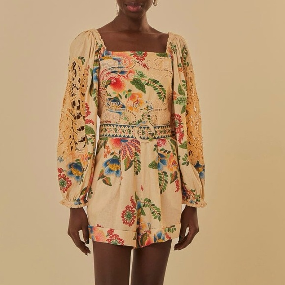 Farm Rio Delicate Sand Belted Romper - Picture 4 of 7